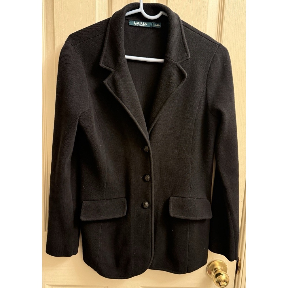 Lauren RALPH LAUREN Knit Blazer Jacket Black‎ Medium Cotton EUC